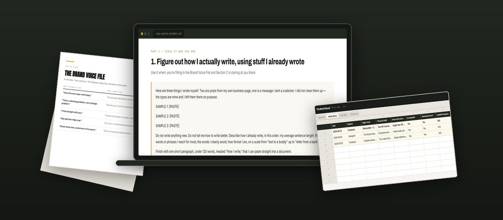 What is inside A Month of Posts in One Sunday: the templates, the document on screen, and the workbook.