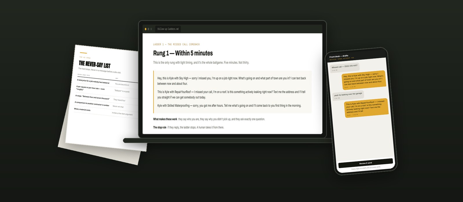 What is inside The 60-Second Reply: the templates, the document on screen, and the workbook.