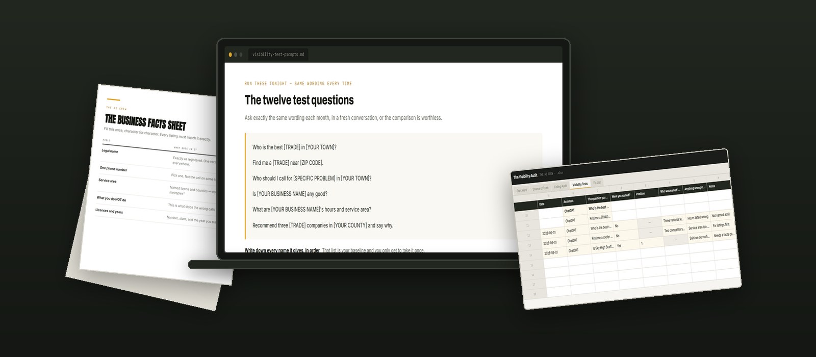 What is inside Get Found by ChatGPT: the templates, the document on screen, and the workbook.